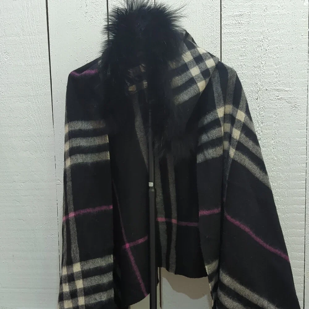 Charm Furs New York Women's Plaid Knit Scarf Genuine Fur Trim Black Beige Gray